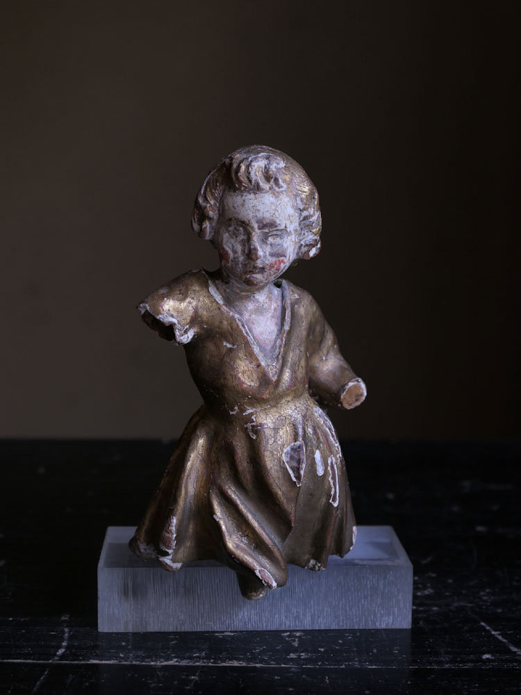 1700年代頃フランス・木彫・金彩・天使・女性像・h16cm