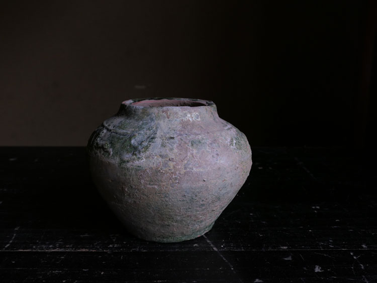 1-2世紀頃・漢時代頃・古代中国・銀化・緑釉・動物・陽刻・壺・h12cm