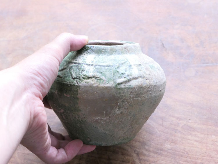 1-2世紀頃・漢時代頃・古代中国・銀化・緑釉・動物・陽刻・壺・h12cm